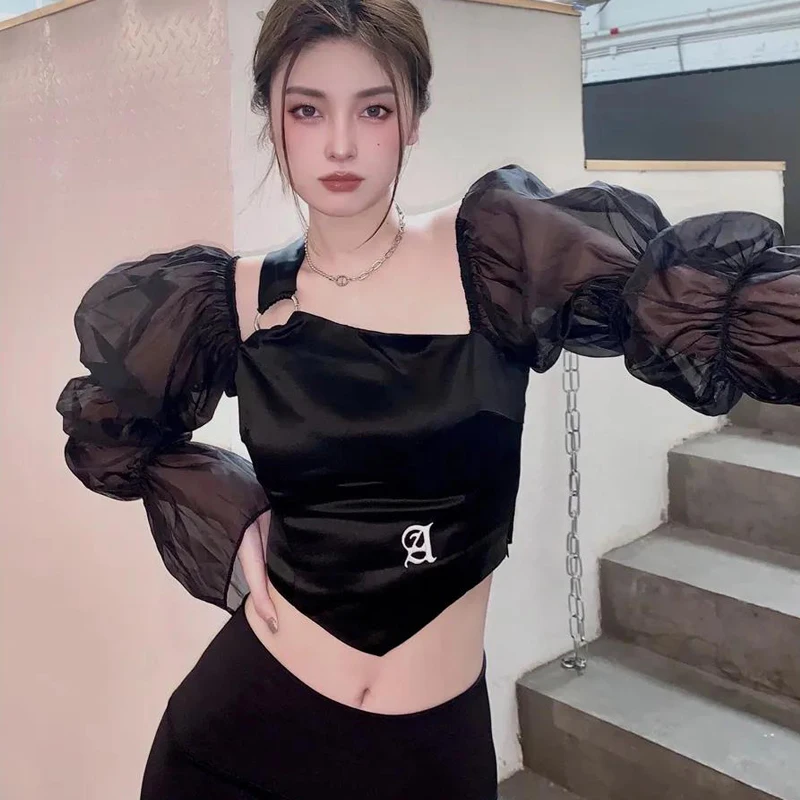 

Black Satin Blouse Women Original Design Puff Sleeve Shirt Woman Fall 2021 Fashion Streetwear Crop Tops