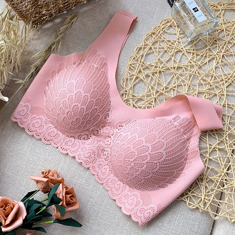 

Latex Bra Sports Yoga Sleep Big Breasts Show Small Sexy Lace Bra Thin Sponge Ice Silk Tube Top Solid Color Lingerie Women