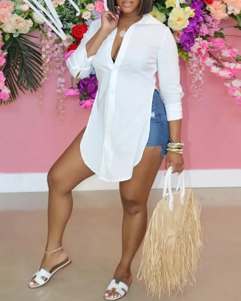 

S-2XL Summer White Button Design Plain Button Design Workwear Shirt Ladies Plus Size Tops Women's Clothes Long Tunics Oversized