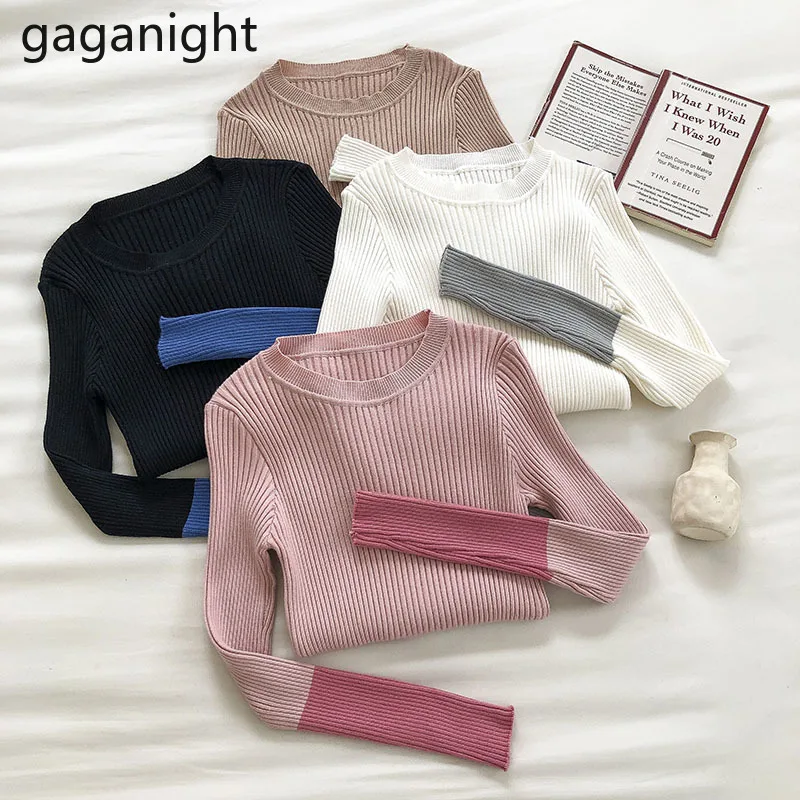 

Женский свитер с цветными вставками GAGANIGHT, осенне-зимний пуловер с длинными рукавами и круглым вырезом, офисный женский элегантный вязаный ...