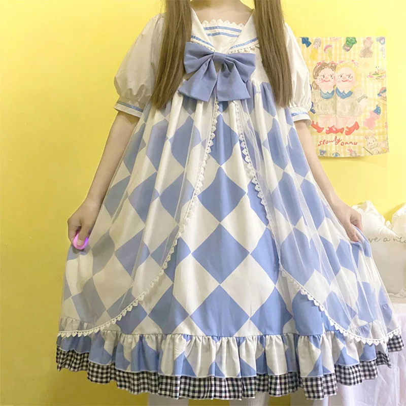 

Anbenser Sweet Blue Lolita Bowknot Ruffled Japanese Short Sleeve Women Harajuku Sailor Collar Navy Victorian Gothic Lolita Dress