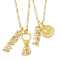 trendy gold plated happy dream letter necklace for women cz white smiley can lid double pendant clavicle chain jewelry gifts