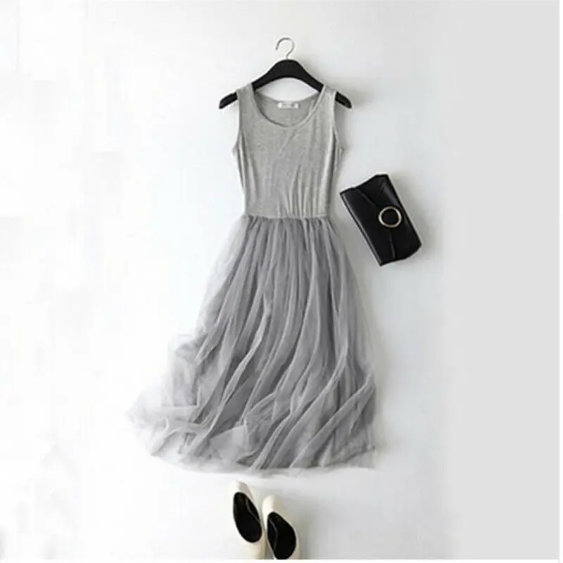 

Women Patchwork Mesh Party Dresses Gauze Lace Layered Tank Dress Casual Sundress