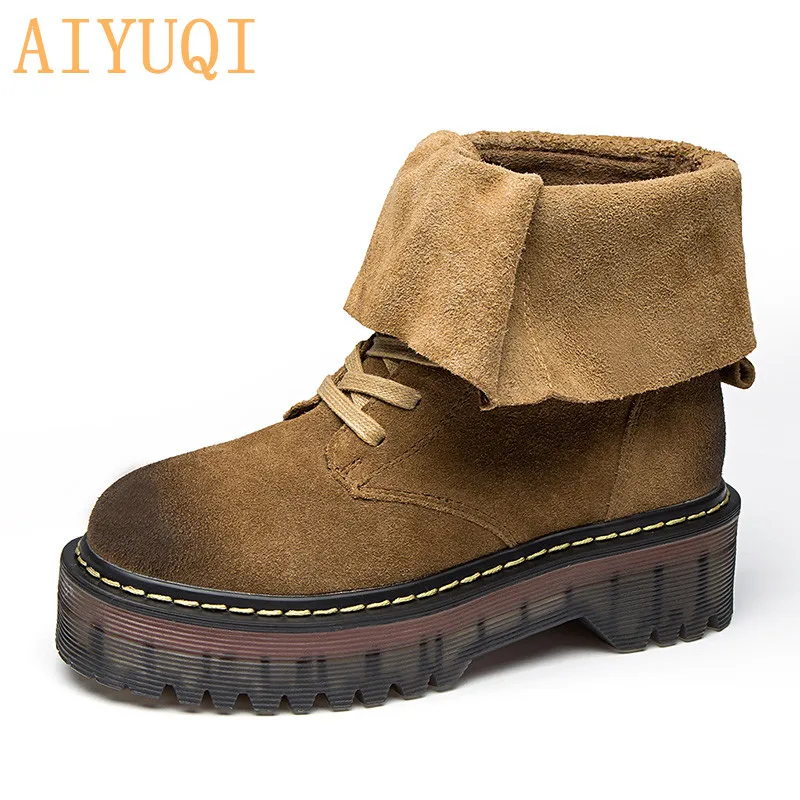 AIYUQI; Новинка года; сезон осень; женские Ботинки martin из натуральной кожи; ботинки на платформе, визуально увеличивающие рост; ботильоны для женщин с круглым носком