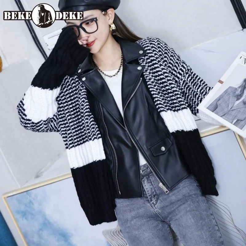 Fashion New Womens Short Loose Korean Style Genuine Leather Jackets Zippers Pockets Turn-Down Collar Spliced Sheepskin Coat