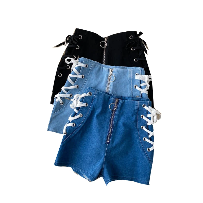 

Design strap high waist slimming retro casual short jeans women 2021 fashion wild wide-leg shorts female cotton shorts women
