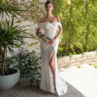 Белое свадебное платье с открытыми плечами и Боковым Разрезом, без бретелек, плиссированное в пол, без рукавов, облегающее трикотажное платье невесты, лето 2021