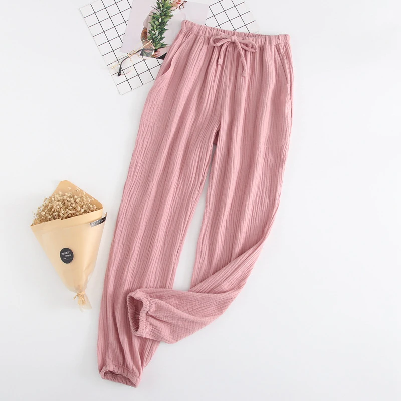 

JULY'S SONG Cotton Sleep Long Pants Bottoms Breathable Pajamas Loose Solid Elastic Waist Couples Casual Pants Female Homewear