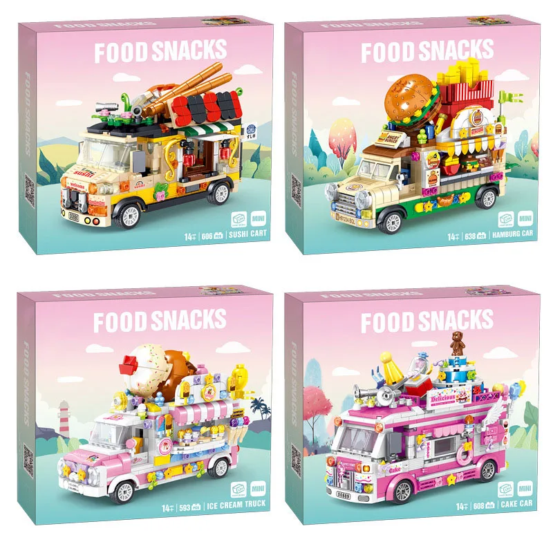 

Toy For Children Burger Sushi Cake Fruit Dessert Cart Model Kits Assembled Girl Educational Building Blocks Bricks Kids Gift Y22