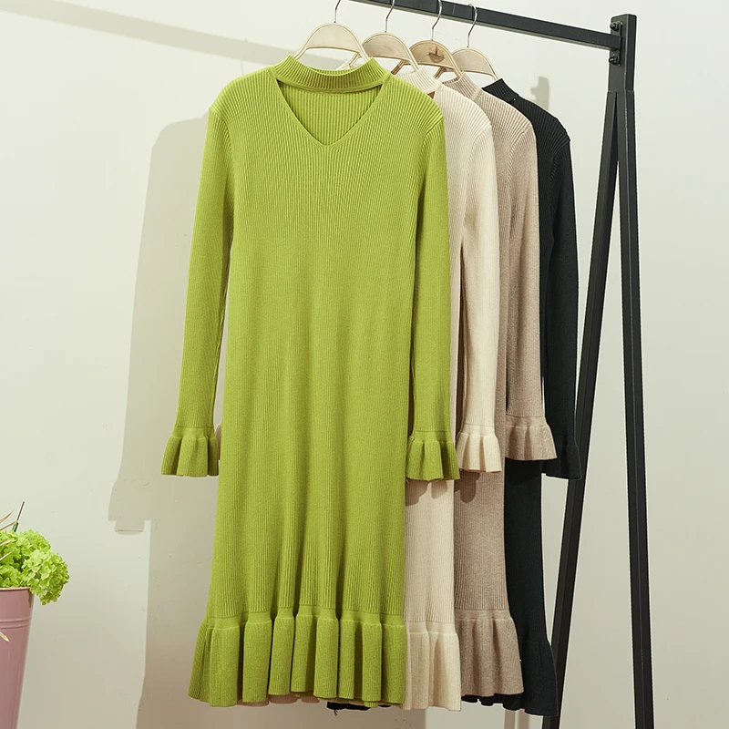 Gaganight однотонное вязаное элегантное женское платье с длинным рукавом и v-образным