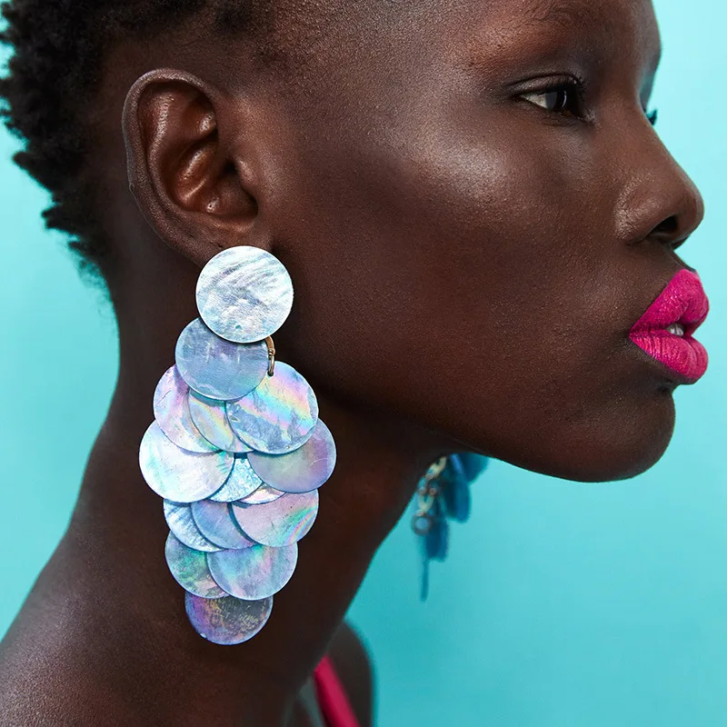 Преувеличенные ZA новые серьги синяя ракушка с блестками рыбные весы