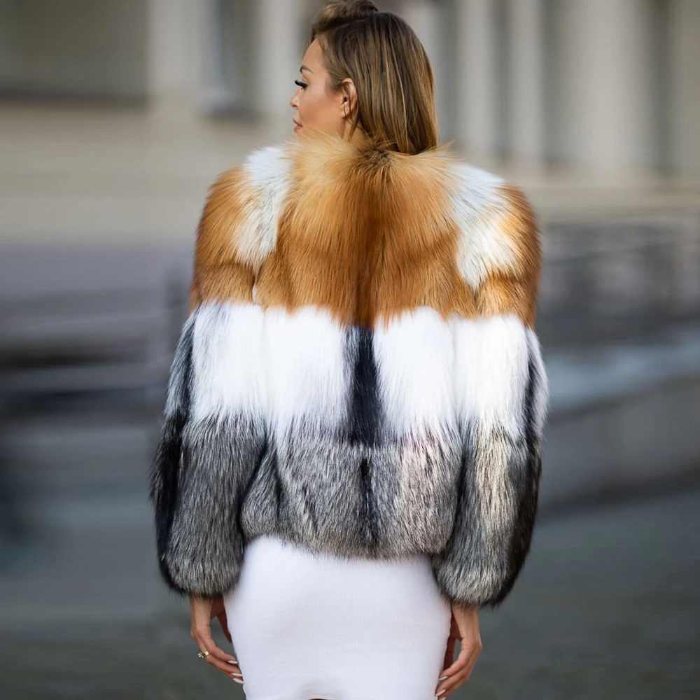 Winter Fashion Real Fox Fur Jacket Round Collar Trendy Women New Natural Full Pelt Genuine Fox Fur Coat Color Patchwork Overcoat