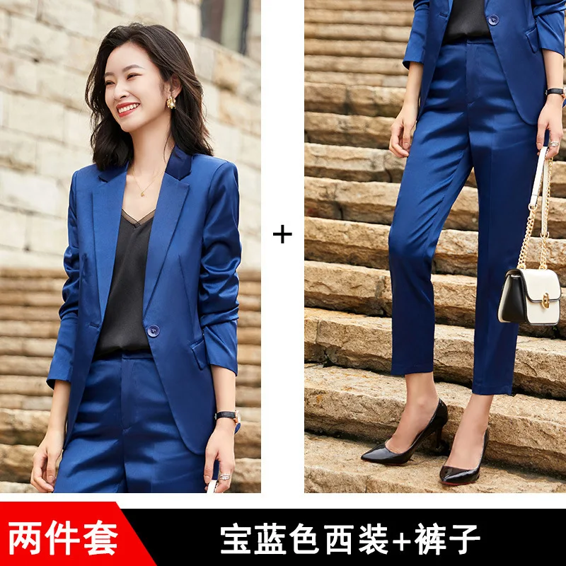 

Satin Fashion Elegant Two Piece Set Poplin Office High Waist Long Panta And Slim Turn Down Collar Blazer 2 Piece Set Women Suit