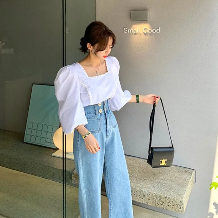 

Korean Chic Office lady Women shirt Puff sleeve Female Tops Retro Square collar Short White blouse Blusa
