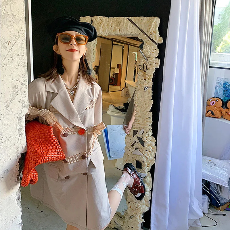 

Korean Loose Bow Patchwork Women Short Sleeve Suits Dress Summer 2021 Lapel Fashion Double Breasted Mini Dress Ladies Vestidos