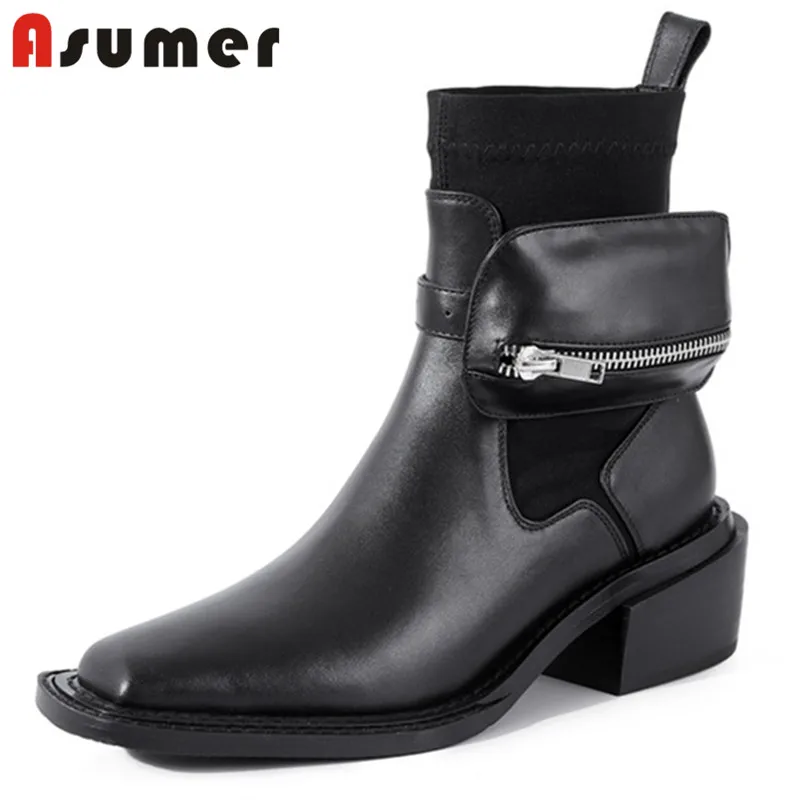 

Женские ботильоны из натуральной кожи Asumer, с квадратным носком, мотоциклетные ботинки, большой размер 34-42, 2021