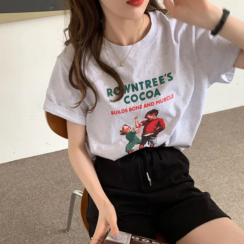 Женская Повседневная хлопковая футболка с коротким рукавом и круглым вырезом в