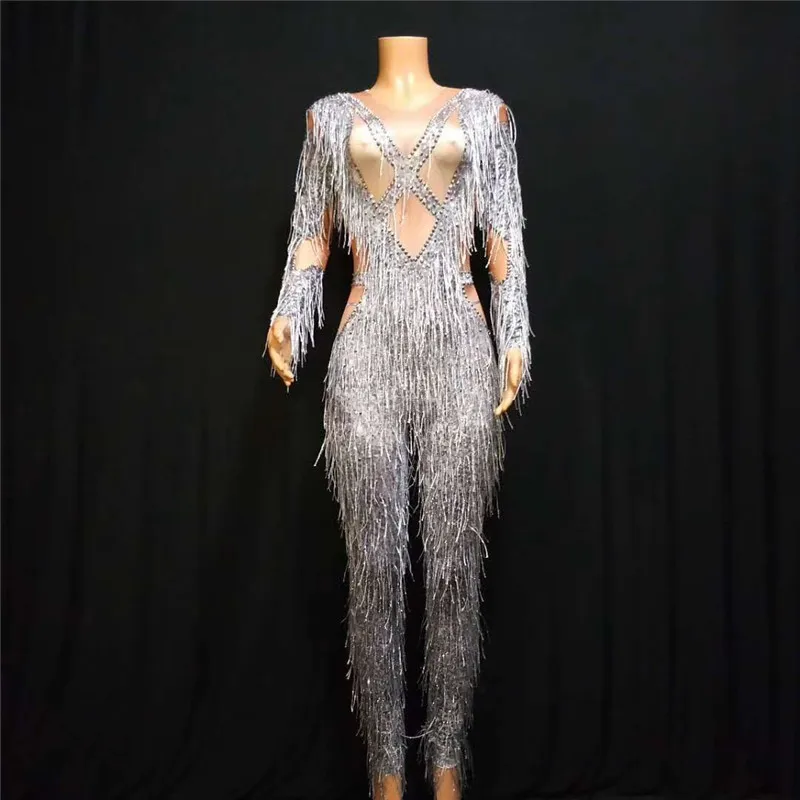 

S18 Ballroom dance stage costumes gray tassels printed jumpsuit singer stretch women leotard tights ds crystal outfit bar wears