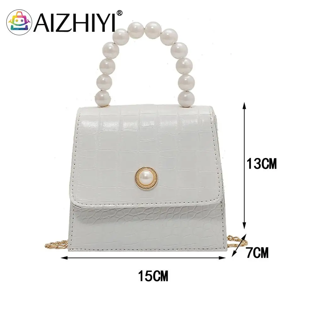 

Fashion Women PU Leather Solid Color Alligator Pattern Crossbody Shoulder Messenger Bag Casual Ladies Pearl Chain Small Handbags