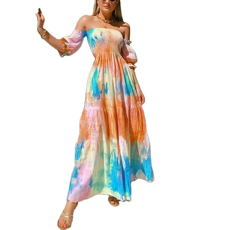 

2020 amazon multicolor off-the-shoulder strapless accept waist with many fold big lantern sleeve