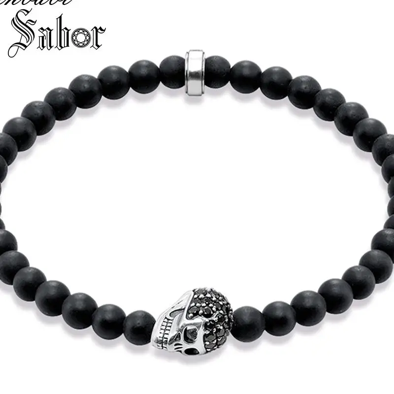 Томас череп бисера и 6 мм бусины матовый черный обсидиан стрейч браслет Rebel