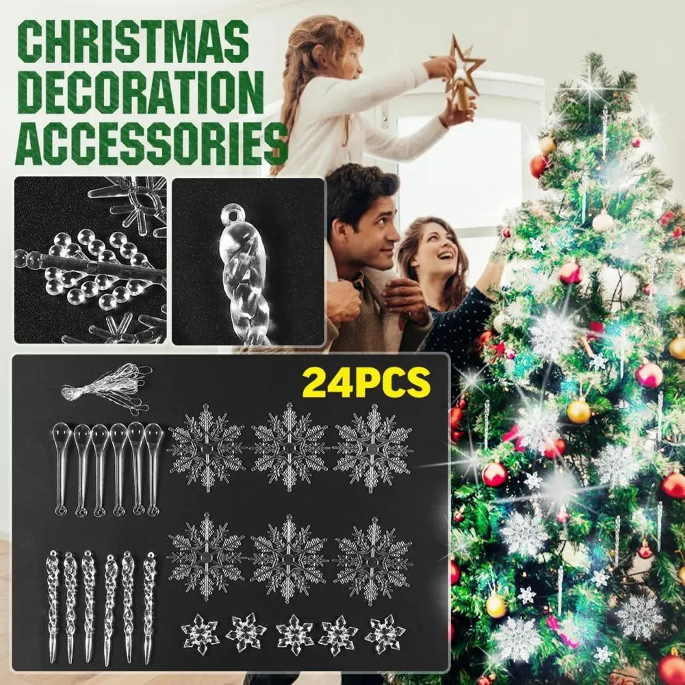 

24Pcs/Set Christmas Snowflake Ornament Delicate Transparent Snowflake Icicles DIY Christmas Tree Hanging Pendant for Home