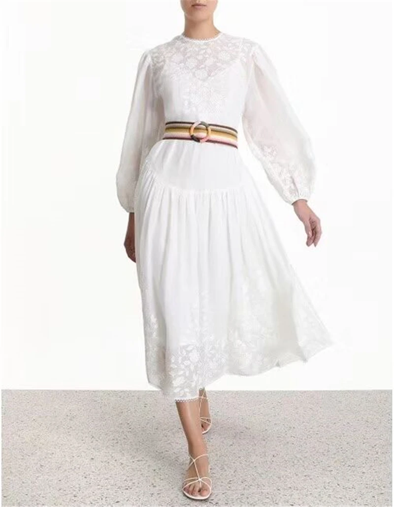 Новинка весны 2020 Стильное женское платье с вышивкой пышные рукава цветочный узор