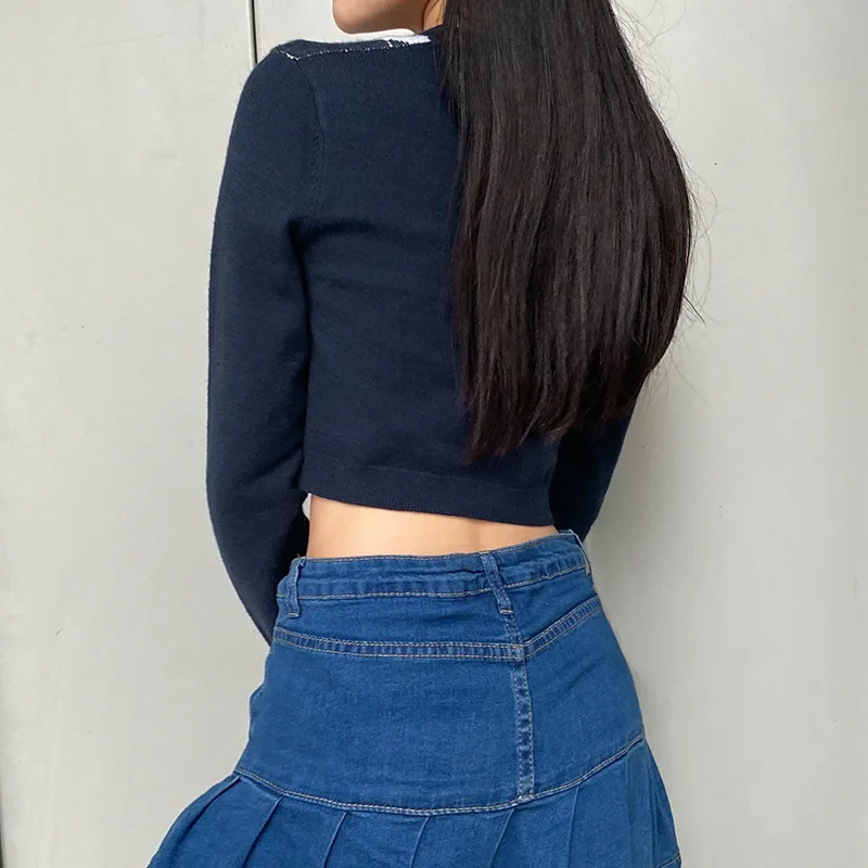 

New Casual Knitted Sweater Women Dark Blue Plaid Printed Pattern Long Sleeve V-neck Sexy Cardigan Spring Autumn Fashion Tops