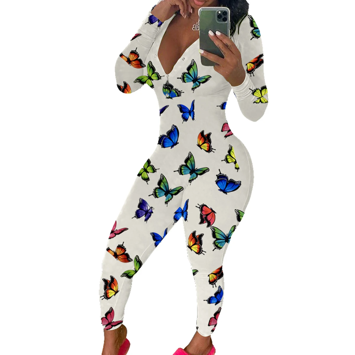 

Womens Jumpsuits 2020 Autumn Sexy Bodycon Clothes Trendy Butterfly Print V Neck Long Sleeve Button Stretch One Piece Outfits