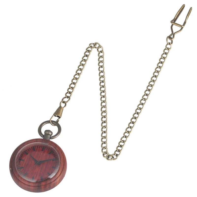 

Vintage Red Wood Quartz Analog Pocket Watch Portable Standard Wooden Clock Chain Watch Collectibles Souvenir Gifts for Men Women