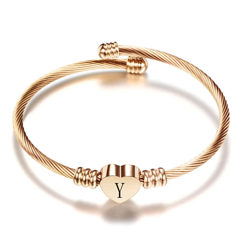

Stainless Steel Heart Bracelets With Letter For Woman A-Z 26 Initial Alphabet Opening Ladies Bangles Fashion Jewelry Accessories
