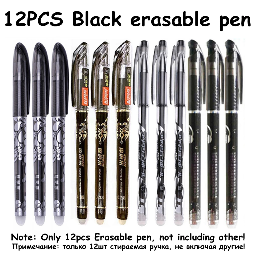 100Pcs/Set Erasable Gel Pen 0.5mm Erasable Pen Refill Rod Blue Black Ink Washable Handle For School Stationery Office Writing - Цвет: Note-12PCS-Black pen