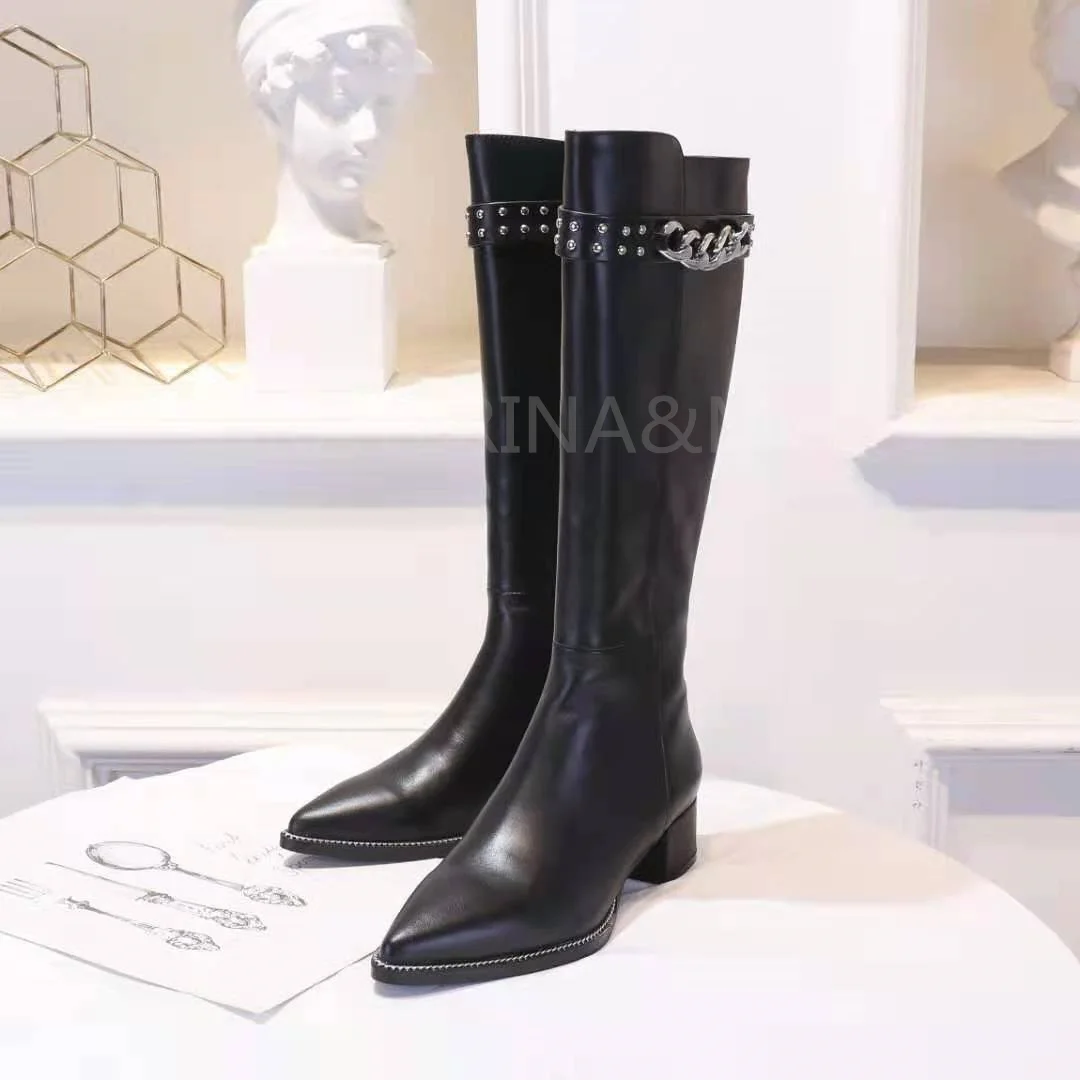 

Hot Sale Genuine Leather Ankle Boots Women Point Toe Horseshoe Heels Long Boots High Quality Autumn Silver Chain Decoration Boot