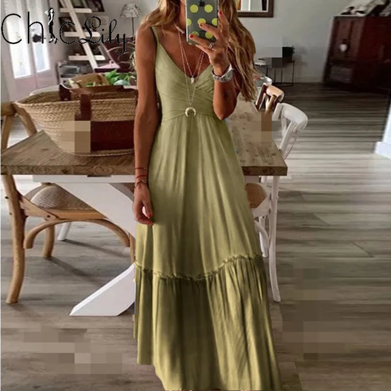 

Chiclily Loose V-neck Gradient Spaghetti Strap Maxi Dress Summer Print Party Long Dresses Plus Size Lady Casual Clothes
