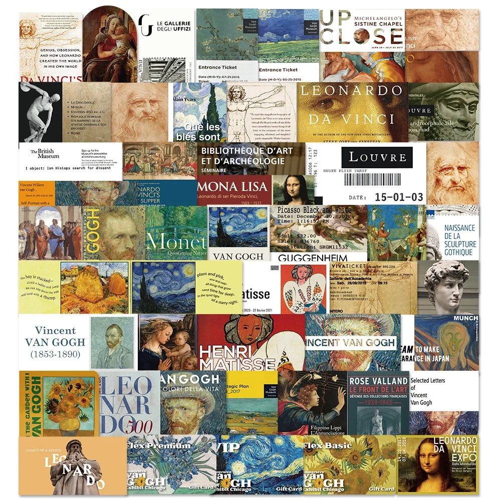 

10/30/50PCS World Art Museum Literary Ticket Root Da Vinci Van Gogh Famous Painting Sticker Suitcase Sticker Wholesale