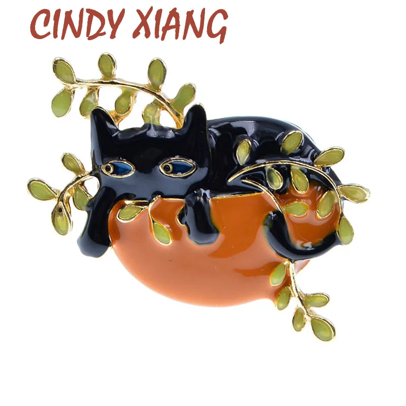 

CINDY XIANG New Arrival Cute Enamel Paint Cat Brooches Unisex Women And Men Animal Green Leaves Flower Pot Pins 2 Colors