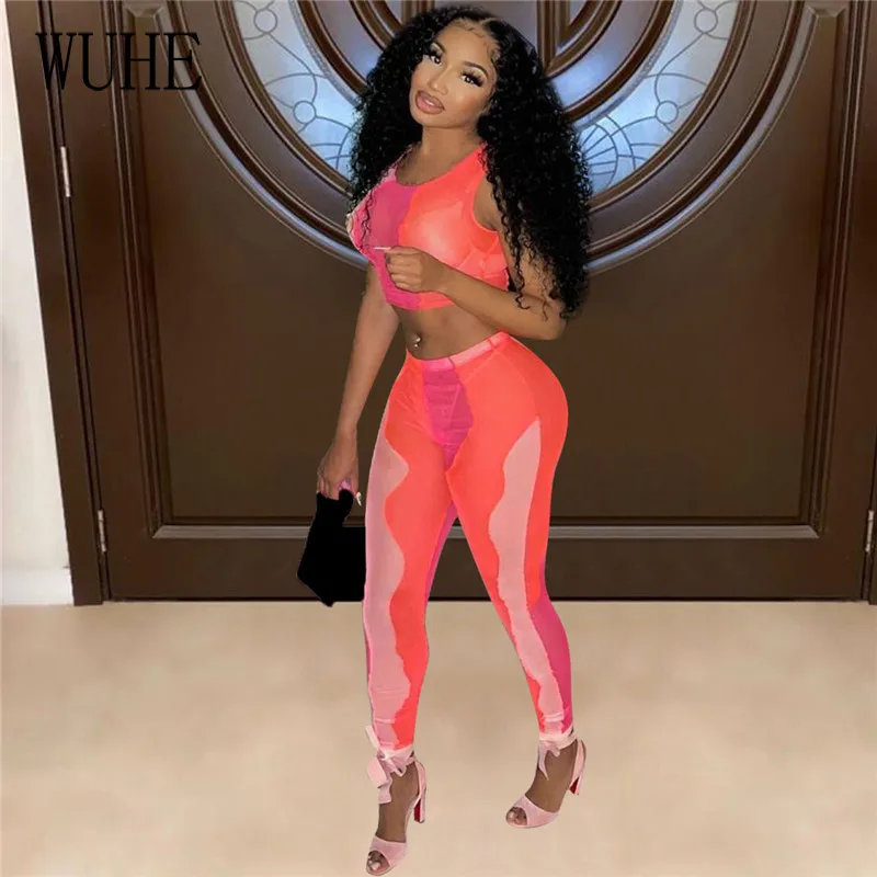 

WUHE Irregular Mesh Patchwork Outfits See Through Sleeveless O Neck Crop Top Pencil Pants Club Streetwear Party Two Piece Suits