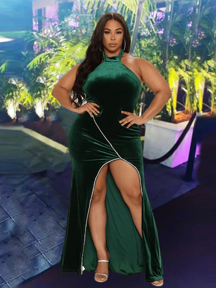 

Plus Size Women Clothing Wedding Party Dress with Split Halter Backless Green Evening Maxi Dress 5xl Wholesale Bulk Dropshipping