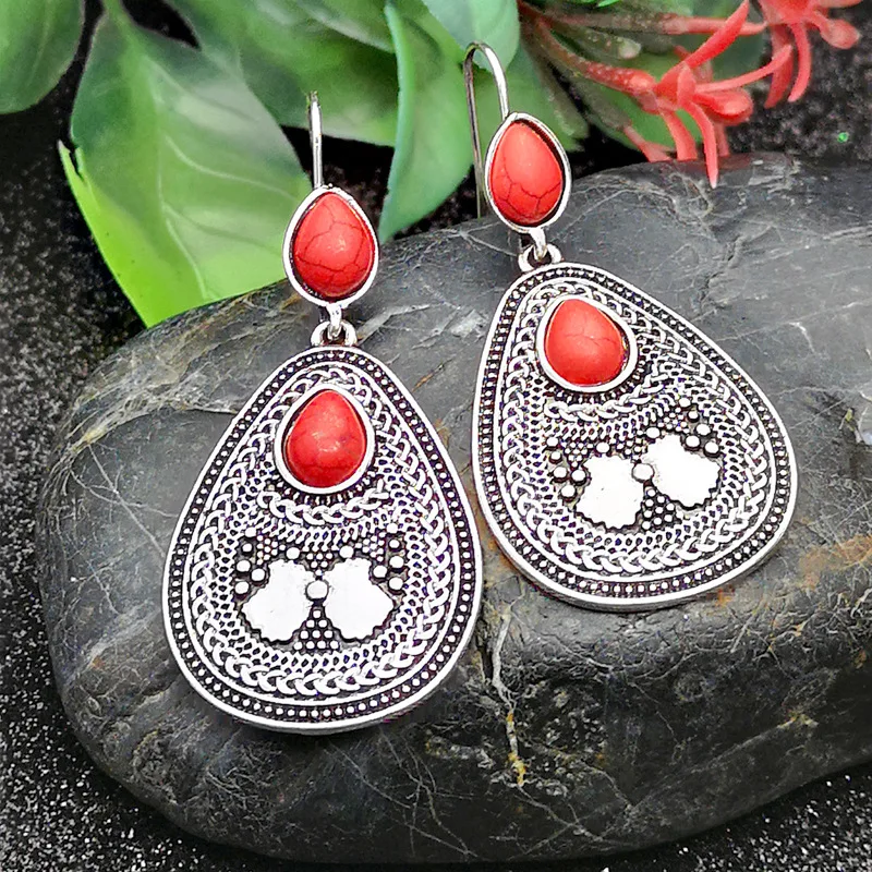 Винтажные этнические серьги капельки с красным камнем крупные ювелирные изделия