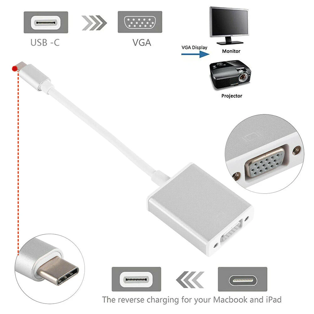 1080P Converter Cable Universal USB 3.1 TYPE-C to VGA Adapter for MC Notebooks New | Компьютеры и офис