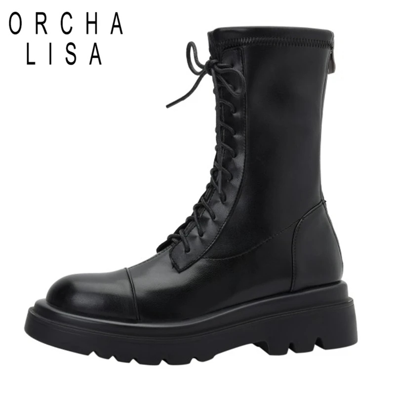 

ORCHALISA Women Platform Mortorcycle Ridding Midcalf Boots Lace Up 6cm Low Square Heel Round Toe Footwear 43 Black Brown S2435