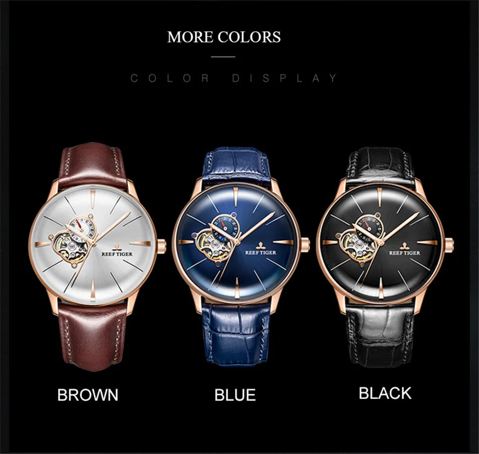Reef Tiger бренд Tourbillon черный циферблат водонепроницаемые автоматические часы Топ Механические Роскошный кожаный ремешок мужские часы reloj hombre