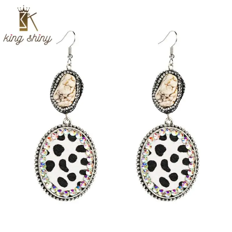 

Bohemian Leopard Print Leather Dangle Earrings for Woman Vintage Hand Made Natural Stone Gemetric Pendant Earrings Girls Brincos