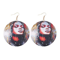 e6950 zwpon ethnic image print natural wood round earrings for women 2020 africa trendy large wood earrings jewelry wholesale
