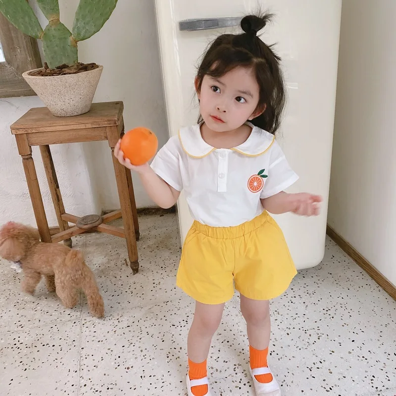 Летние Детские комплекты одежды с вышивкой фруктов футболка коротким рукавом и
