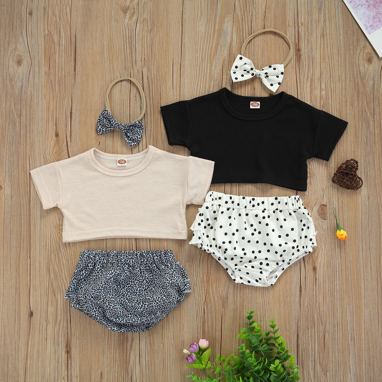 

OPPERIAYA 3Pcs Baby Girls Summer Cotton Outfits Short Sleeve Solid Color Round Neck T-shirt Leopard Shorts Headband Casual Set