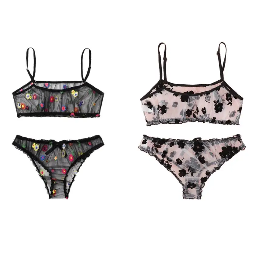 

2Pcs Women Lingerie Set Sheer Flower Spaghetti Strap Tank Tops Briefs with Bow Suit for Girls 2 Colors