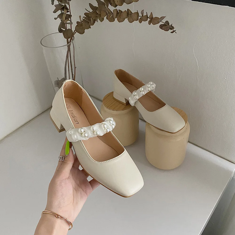

Vintage Pearl Shallow Mouth Shoes Women Sandals Summer New Thick Heel Square Toe Mary Jane Shoes Ladies