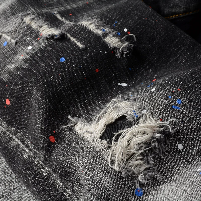 American Street Fashion Men Jeans Retro Black Gray Elastic Cotton Slim Ripped Jeans Men Pocket Patched Hip Hop Denim Punk Pants