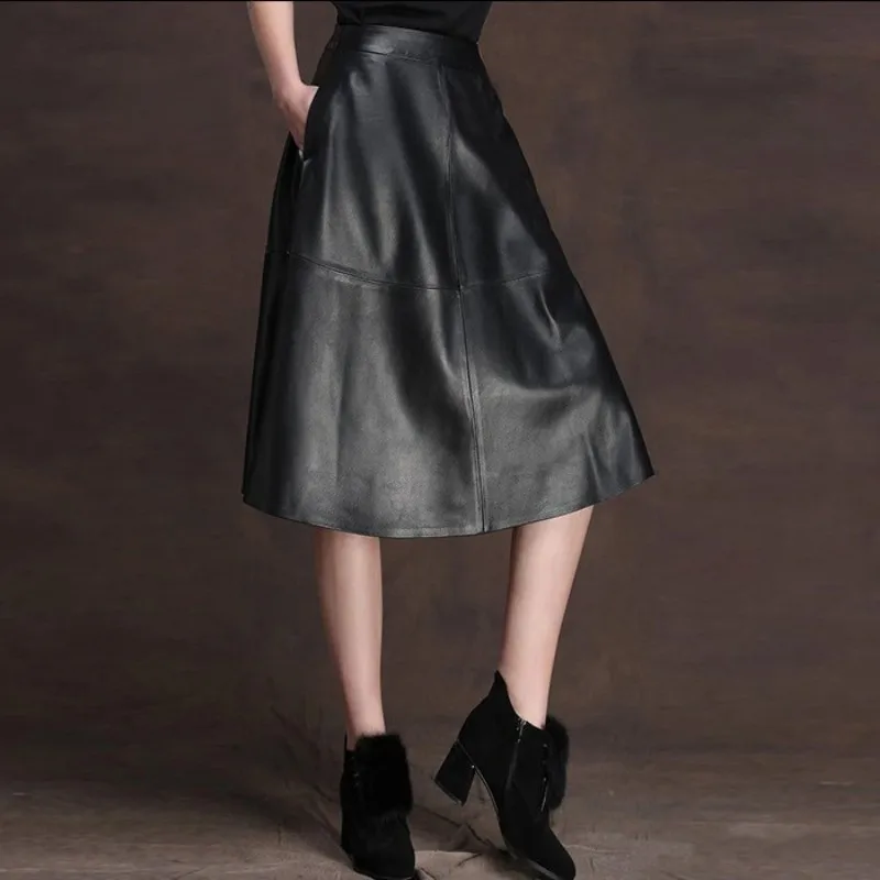 

A-Line Leather 100% Genuine Midi Skirts Women Elegant Office Lady Printing Sheepskin Skirts Streetwear Pocket Skirts Plus Size